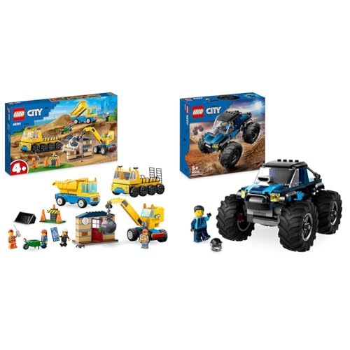 LEGO City Baufahrzeuge und Kran mit Abrissbirne, Spielzeug & City Blauer Monstertruck, Offroad-Auto-Spielzeug, Fahrzeug-Set von LEGO