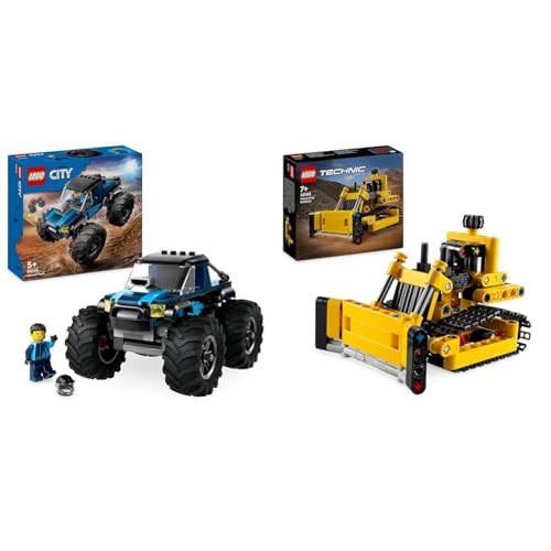 LEGO City Blauer Monstertruck, Offroad-Auto-Spielzeug, Fahrzeug-Set mit Rennfahrer-Minifigur & Technic Schwerlast Bulldozer, Spielzeug-Planierraupe zum Bauen von LEGO