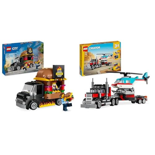 LEGO City Burger-Truck, Bauset mit Spielzeug-Auto für 5-jährige Kinder & Creator 3in1 Tieflader mit Hubschrauber, Fahrzeuge-Set mit Helikopter- und LKW-Spielzeug von LEGO