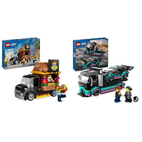 LEGO City Burger-Truck & City Autotransporter mit Rennwagen, LKW-Spielzeug mit Verstellbarer Laderampe und Renn-Auto, Bauset mit 2 Minifiguren, Rennfahrer und LKW-Fahrer, Kinder ab 6 Jahren 60406 von LEGO