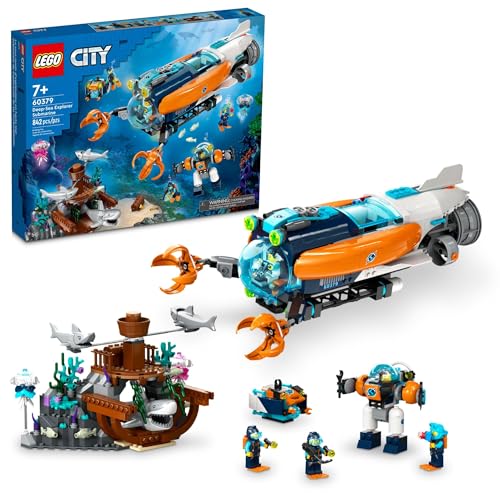 LEGO City Deep-Sea Explorer U-Boot 60379 Bauspielzeug Set, Ozean-U-Boot Spielset mit Schiffswrack-Einstellung, 6 Minifiguren und 3 Haifischfiguren für fantasievolles Spielen, Geschenkidee ab 7 Jahren von LEGO