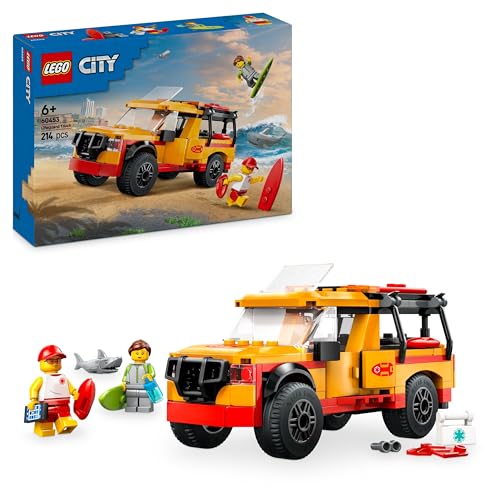 LEGO City Einsatzfahrzeug der Rettungsschwimmer - Geländewagen Spielzeug mit 2 Minifiguren und Hai - Bauset für Mädchen und Jungen ab 6 Jahren - Geschenkidee für Surfer und Wassersportfans 60453 von LEGO