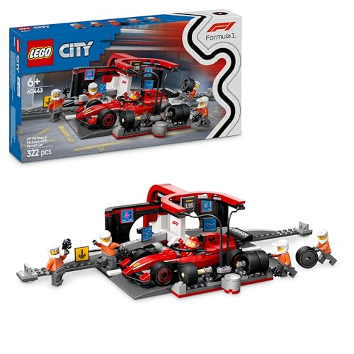 LEGO City F1 Boxenstopp mit Boxencrew und Ferrari Flitzer - Formel 1 Pit Stop Set mit 1 Rennfahrer und 4 Mechaniker Minifiguren - Spielzeug Rennauto für Jungen und Mädchen ab 6 Jahren - 60443 von LEGO