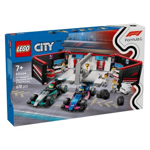 LEGO City F1 Garage mit Mercedes-AMG & Alpine Rennautos - Spielzeug Formel 1 Rennwagen mit 2 Rennfahrern & 4 Mechaniker Minifiguren - Geschenk für Jungen & Mädchen ab 7 Jahren und Fans 60444 von LEGO