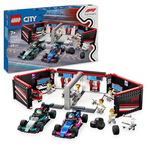 LEGO City F1 Garage mit Mercedes-AMG & Alpine Rennautos - Spielzeug Formel 1 Rennwagen mit 2 Rennfahrern & 4 Mechaniker Minifiguren - Geschenk für Jungen & Mädchen ab 7 Jahren und Fans 60444 von LEGO