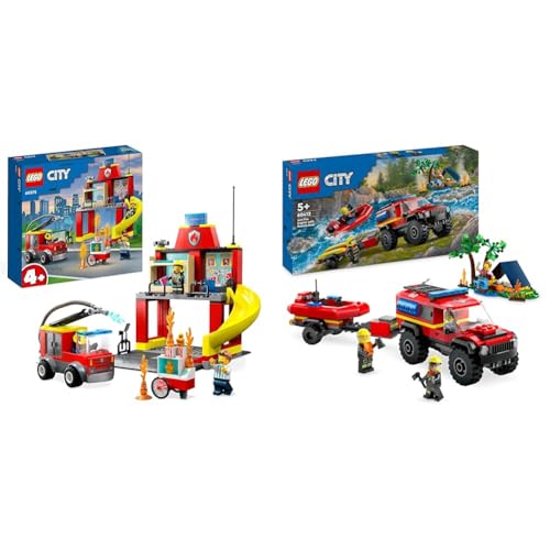 LEGO City Feuerwehr Feuerwehrstation und Löschauto & City Feuerwehrgeländewagen mit Rettungsboot, Offroad-Auto-Spielzeug von LEGO