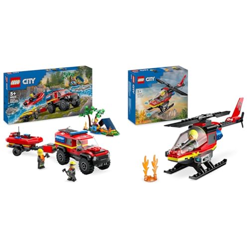 LEGO City Feuerwehrgeländewagen mit Rettungsboot, Offroad-Auto-Spielzeug & City Feuerwehrhubschrauber, Set mit Hubschrauber-Spielzeug und Pilot-Figur von LEGO