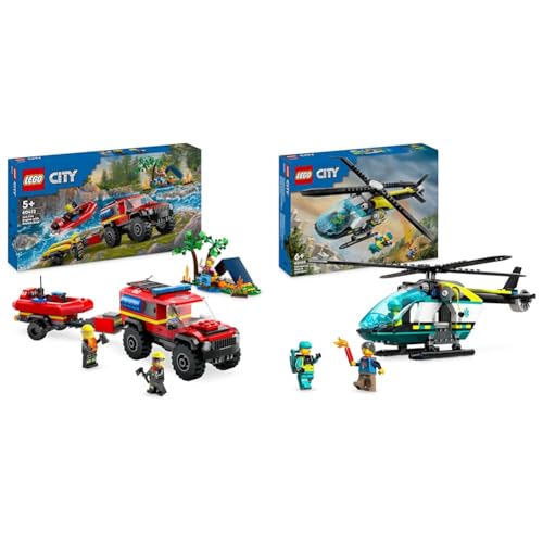 LEGO City Feuerwehrgeländewagen mit Rettungsboot, Offroad-Auto-Spielzeug & City Rettungshubschrauber, Hubschrauber-Spielzeug für Kinder von LEGO