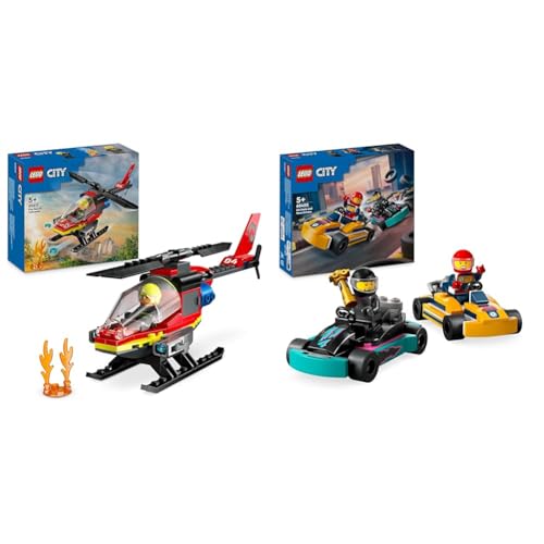 LEGO City Feuerwehrhubschrauber, Set mit Hubschrauber-Spielzeug & City Go-Karts mit Rennfahrern, Set mit 2 Rennfahrer-Minifiguren und Rennautos von LEGO