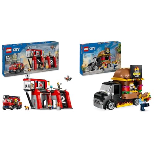 LEGO City Feuerwehrstation mit Drehleiterfahrzeug, Feuerwehr-Spielzeug & City Burger-Truck, Bauset mit Spielzeug-Auto für 5-jährige Kinder von LEGO