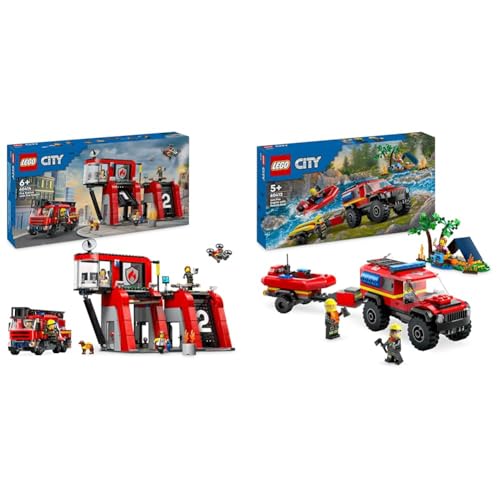 LEGO City Feuerwehrstation mit Drehleiterfahrzeug, Feuerwehr-Spielzeug & City Feuerwehrgeländewagen mit Rettungsboot, Offroad-Auto-Spielzeug von LEGO