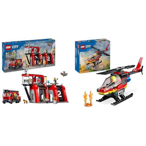 LEGO City Feuerwehrstation mit Drehleiterfahrzeug, Feuerwehr-Spielzeug & City Feuerwehrhubschrauber, Set mit Hubschrauber-Spielzeug von LEGO