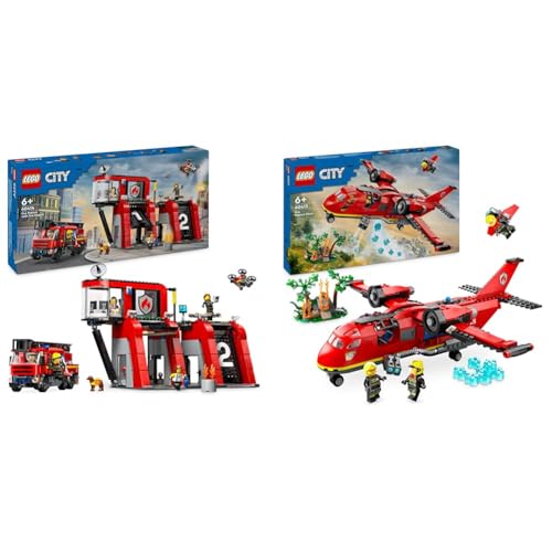 LEGO City Feuerwehrstation mit Drehleiterfahrzeug, Feuerwehr-Spielzeug & City Löschflugzeug, Feuerwehr-Set mit Flugzeug-Spielzeug von LEGO