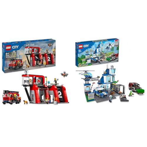 LEGO City Feuerwehrstation mit Drehleiterfahrzeug, Feuerwehr-Spielzeug & City Polizeistation mit Polizeiauto, Müllauto und Hubschrauber von LEGO