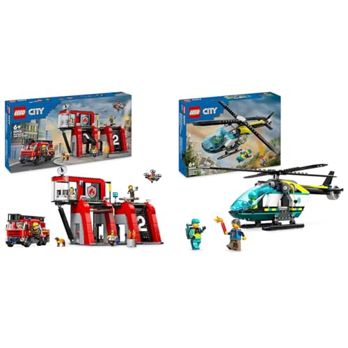 LEGO City Feuerwehrstation mit Drehleiterfahrzeug, Feuerwehr-Spielzeug & City Rettungshubschrauber, Hubschrauber-Spielzeug für Kinder von LEGO