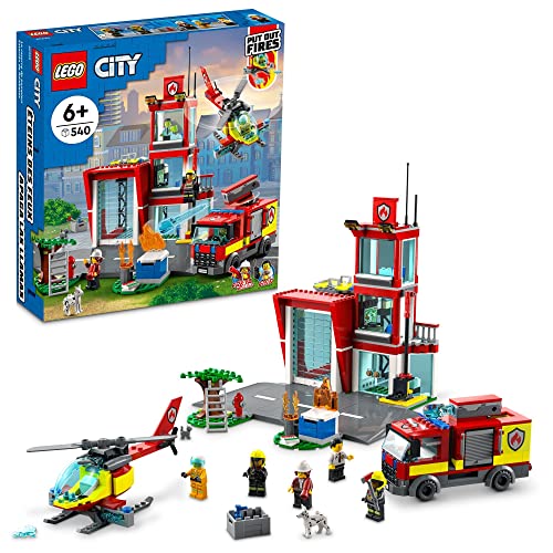 LEGO City Fire Station Set 60320 mit Garage, Hubschrauber & Feuerwehrauto Spielzeug plus Feuerwehrmann Minifiguren, Rettungsfahrzeuge Spielset, Geschenke für Kinder ab 6 Jahren von LEGO