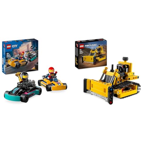 LEGO City Go-Karts mit Rennfahrern, Set mit 2 Rennfahrer-Minifiguren und Rennautos & Technic Schwerlast Bulldozer, Spielzeug-Planierraupe zum Bauen von LEGO