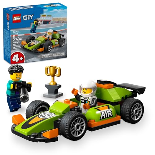 LEGO City Green Race Car Spielzeug, Rennfahrzeug im klassischen Stil, kleines Spielzeug Geschenk für Kinder, Bauset für Jungen und Mädchen ab 4 Jahren, Fotograf und Fahrer Minifiguren 60399 von LEGO