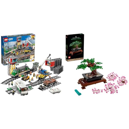 LEGO City Güterzug, Set mit batteriebetriebenem Motor & Icons Bonsai Baum Set für Erwachsene, Pflanzen Home Deko Set von LEGO