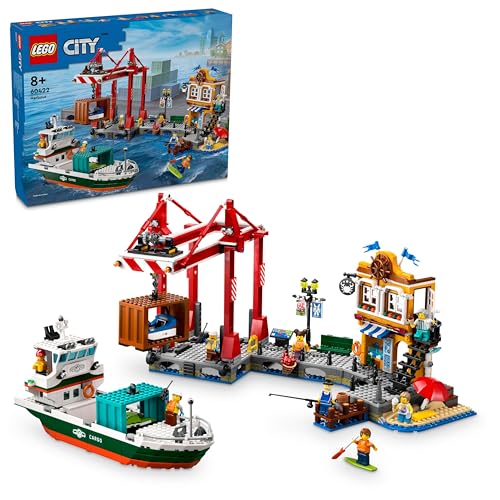 LEGO City Hafen mit Frachtschiff, Bauspielzeug für Jungen und Mädchen ab 8 Jahren, Geschenkidee für Kinder, Containerkran, Schiff-Spielzeug und 8 Minifiguren 60422 von LEGO