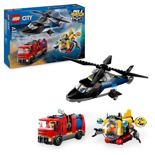 LEGO City Kombinationsset mit Hubschrauber, Löschauto und U-Boot und 3 Minifiguren - Baubare Spielzeug Fahrzeuge für Jungen und Mädchen ab 7 Jahren - Geschenk zum Geburtstag & für die Feiertage 60462 von LEGO