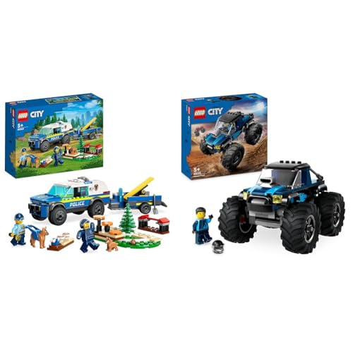 LEGO City Mobiles Polizeihunde-Training, Polizeiauto-Spielzeug mit Anhänger & City Blauer Monstertruck, Offroad-Auto-Spielzeug, Fahrzeug-Set mit Rennfahrer-Minifigur von LEGO