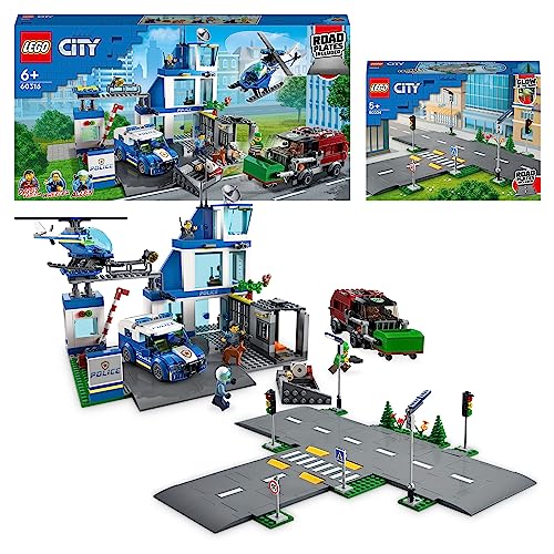 LEGO City-Paket: Enthält Polizeistation (60316) und Straßenkreuzung mit Ampeln (60304), mit Müllwagen, Hubschrauber, Bäumen und im Dunkeln leuchtenden Bausteinen, Geschenk für Kinder ab 5 Jahren von LEGO