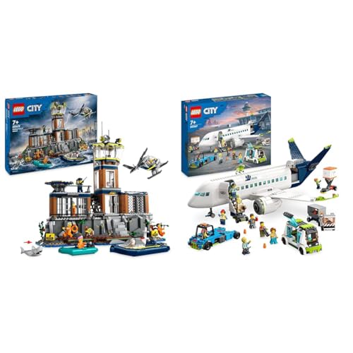 LEGO City Passagierflugzeug Spielzeug-Set, großes Flugzeug-Modell & City Polizeistation auf der Gefängnisinsel, Polizei-Spielzeug mit Hubschrauber von LEGO