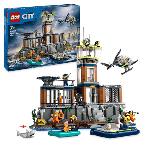 LEGO City Polizeistation auf der Gefängnisinsel, Polizei Spielzeug mit Hubschrauber, Boot und Hai, Set mit 7 Minifiguren und Hund, Geschenk zum Geburtstag für Jungen und Mädchen ab 7 Jahren 60419 von LEGO