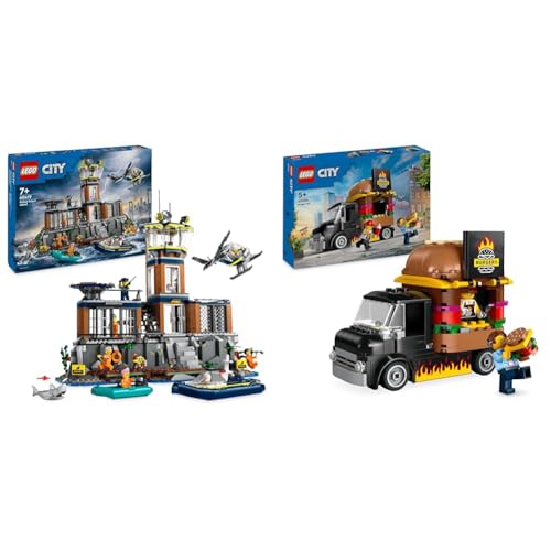 LEGO City Polizeistation auf der Gefängnisinsel, Polizei-Spielzeug mit Hubschrauber & City Burger-Truck, Bauset mit Spielzeug-Auto für 5-jährige Kinder, Imbisswagen Minifigur und Zubehör von LEGO