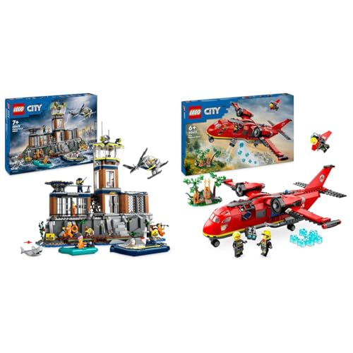 LEGO City Polizeistation auf der Gefängnisinsel, Polizei-Spielzeug mit Hubschrauber & City Löschflugzeug, Feuerwehr-Set mit Flugzeug-Spielzeug von LEGO