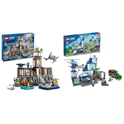 LEGO City Polizeistation auf der Gefängnisinsel, Polizei-Spielzeug mit Hubschrauber & City Polizeistation mit Polizeiauto, Müllauto und Hubschrauber von LEGO