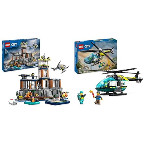 LEGO City Polizeistation auf der Gefängnisinsel, Polizei-Spielzeug mit Hubschrauber & City Rettungshubschrauber, Hubschrauber-Spielzeug für Kinder von LEGO