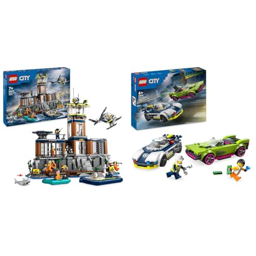 LEGO City Polizeistation auf der Gefängnisinsel, Polizei-Spielzeug mit Hubschrauber & City Verfolgungsjagd mit Polizeiauto und Muscle Car, Auto-Spielezug von LEGO