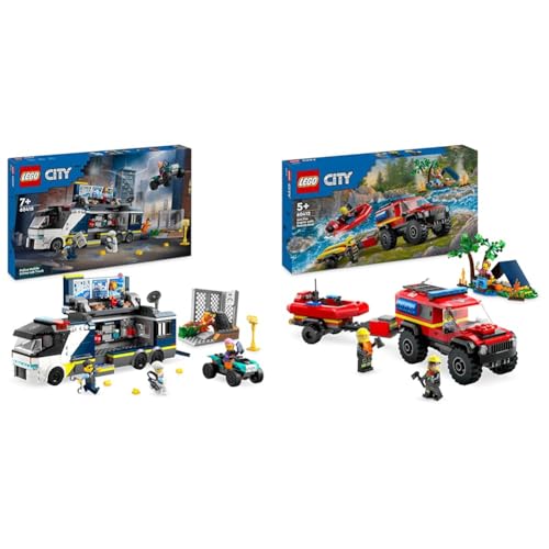 LEGO City Polizeitruck mit Labor, Polizei-Set mit Quad und LKW-Spielzeug für Kinder & City Feuerwehrgeländewagen mit Rettungsboot, Offroad-Auto-Spielzeug von LEGO