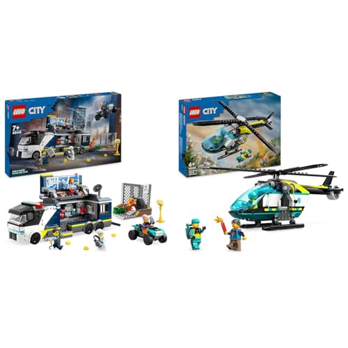 LEGO City Polizeitruck mit Labor, Polizei-Set mit Quad und LKW-Spielzeug für Kinder & City Rettungshubschrauber, Hubschrauber-Spielzeug für Kinder von LEGO