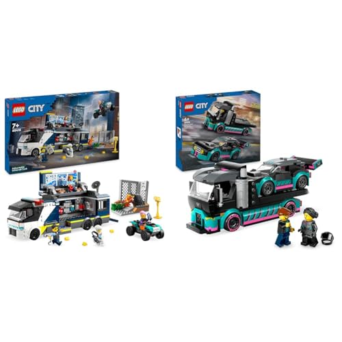 LEGO City Polizeitruck mit Labor, Polizei-Set mit Quad und LKW-Spielzeug & City Autotransporter mit Rennwagen, LKW-Spielzeug mit Verstellbarer Laderampe von LEGO