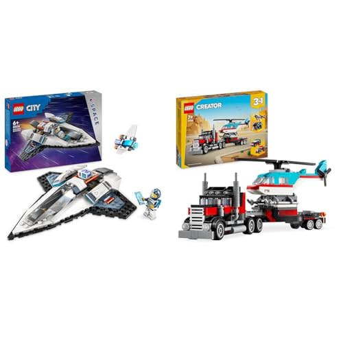 LEGO City Raumschiff, Weltraum-Spielzeug mit Space Shuttle für Kinder zum Bauen & Creator 3in1 Tieflader mit Hubschrauber, Fahrzeuge-Set mit Helikopter- und LKW-Spielzeug von LEGO