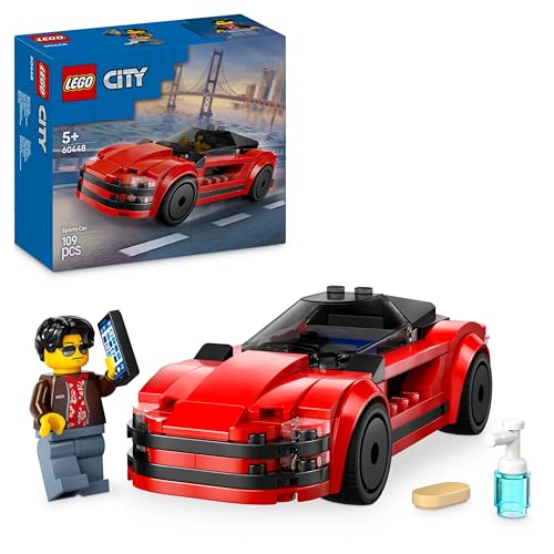 LEGO City Roter Sportwagen - Rennwagen Spielzeug für Jungen und Mädchen ab 5 Jahren - Geschenk zum Geburtstag oder für die Feiertage - Fahrer Minifigur mit Handy und Putzzeug 60448 von LEGO