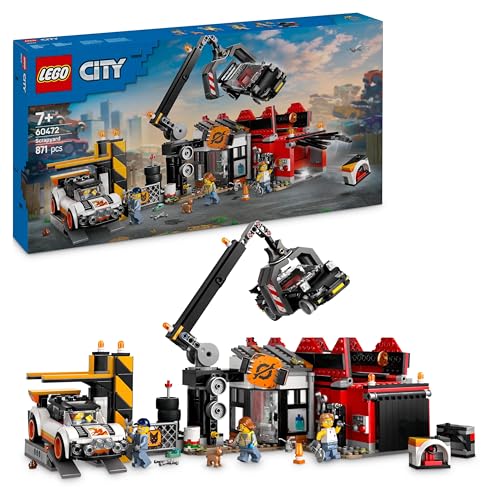 LEGO City Schrottplatz mit Autos - Spielzeug mit Schrottpresse und Kran, 2 Spielzeugautos, 4 Arbeiter Minifiguren & Bürogebäude - Geburtstagsgeschenke für Jungen und Mädchen ab 8 Jahren 60472 von LEGO