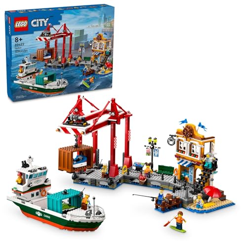 LEGO City Seaside Harbor mit Frachtschiff-Spielzeug, Modellcontainerkran und Boot mit 8 Minifiguren inklusive, Bauset für Jungen und Mädchen ab 8 Jahren, Kinder-Geschenkidee, 60422 von LEGO