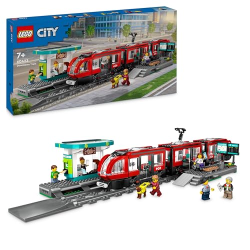 LEGO City Straßenbahn mit Haltestelle, Geschenkidee für Fans von Fahrzeug-Spielzeug ab 7 Jahren, mit 6 Minifiguren und einem Blindenhund für Rollenspiele, Bauspielzeug 60423 von LEGO