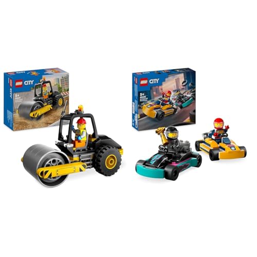 LEGO City Straßenwalze, Baustellenfahrzeug & City Go-Karts mit Rennfahrern, Set mit 2 Rennfahrer-Minifiguren und Rennautos von LEGO