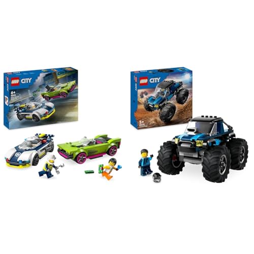 LEGO City Verfolgungsjagd mit Polizeiauto und Muscle Car, Auto-Spielezug mit 2 Rennautos & City Blauer Monstertruck, Offroad-Auto-Spielzeug, Fahrzeug-Set von LEGO