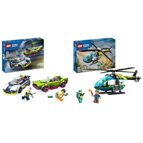 LEGO City Verfolgungsjagd mit Polizeiauto und Muscle Car, Auto-Spielezug mit 2 Rennautos & City Rettungshubschrauber, Hubschrauber-Spielzeug für Kinder von LEGO