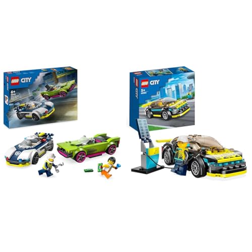 LEGO City Verfolgungsjagd mit Polizeiauto und Muscle Car & City Elektro-Sportwagen Set, Rennwagen mit Minifigur, Spielzeugauto für Jungen und Mädchen ab 5 Jahren, Geschenk zum Geburtstag 60383 von LEGO