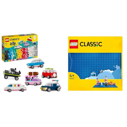 LEGO Classic Kreative Fahrzeuge, Bausteine-Set für Bunte Modellautos inkl. LKW & Classic Blaue Bauplatte, quadratische Grundplatte mit 32x32 Noppen als Basis Sets von LEGO