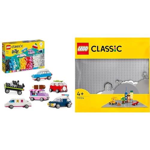 LEGO Classic Kreative Fahrzeuge, Bausteine-Set für Bunte Modellautos inkl. LKW & Classic Graue Bauplatte, quadratische Grundplatte mit 48x48 Noppen von LEGO