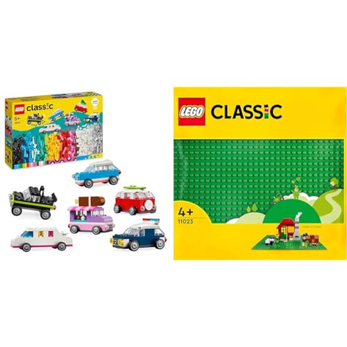 LEGO Classic Kreative Fahrzeuge, Bausteine-Set für Bunte Modellautos inkl. LKW & Classic Grüne Bauplatte, quadratische Grundplatte mit 32x32 Noppen von LEGO