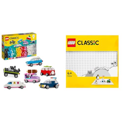 LEGO Classic Kreative Fahrzeuge, Bausteine-Set für Bunte Modellautos & Classic Weiße Bauplatte, quadratische Grundplatte mit 32x32 Noppen als Basis Sets, Konstruktionsspielzeug 11026 von LEGO